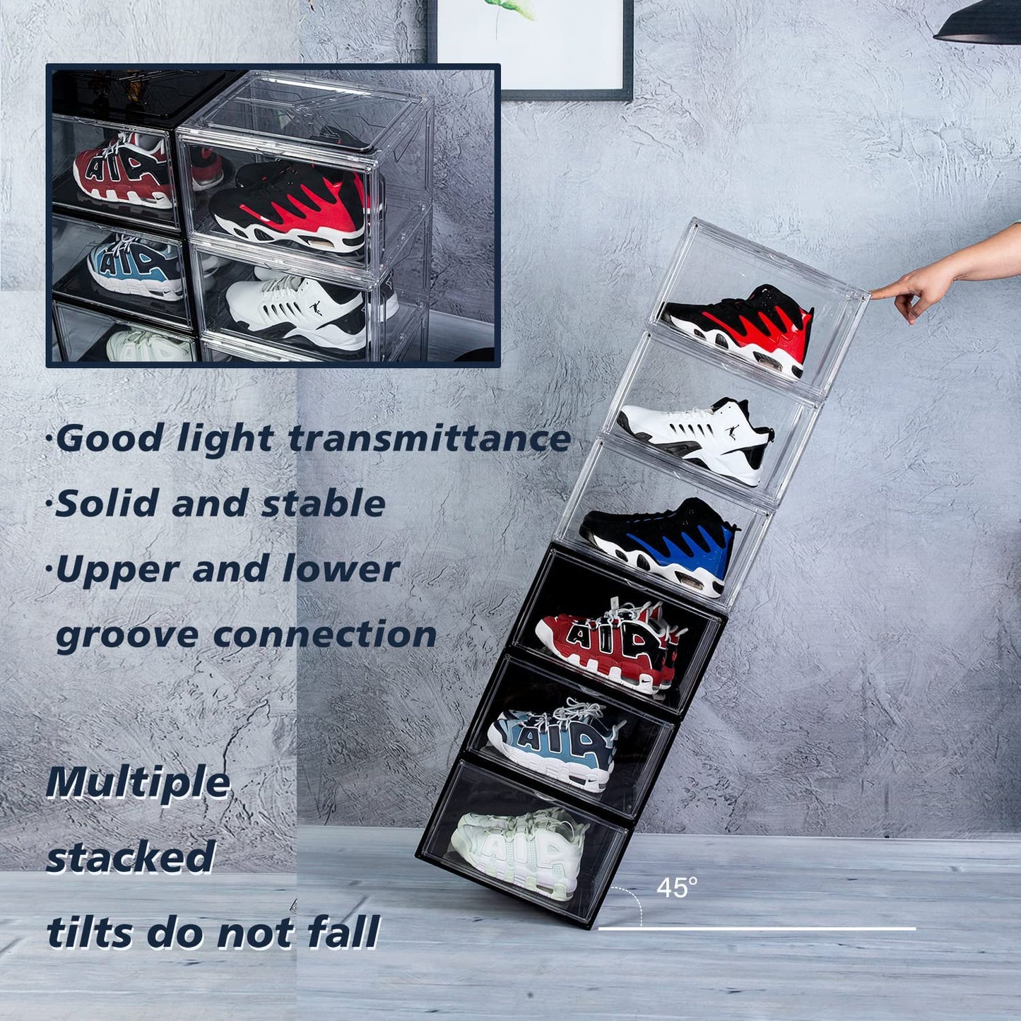 2 Pack Shoe Boxes for Display Shoes Sneakers Storage Black (Long side open)