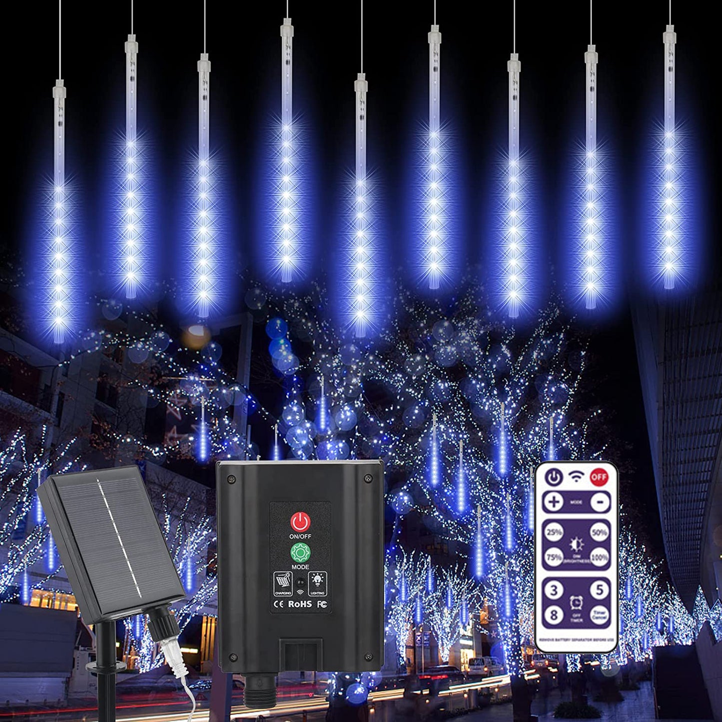 288 LED 8 Tubes Solar Meteor Shower Christmas Lights Outdoor - Blue