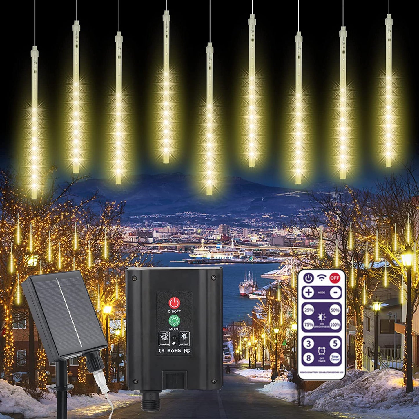 288 LED 8 Tubes Solar Meteor Shower Christmas Lights Outdoor - Yellow