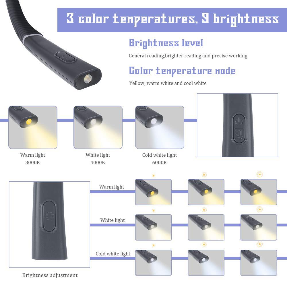 LED Neck Reading Light Rechargeable Book Light for Reading in Bed 3 Colors, 3 Brightness Levels