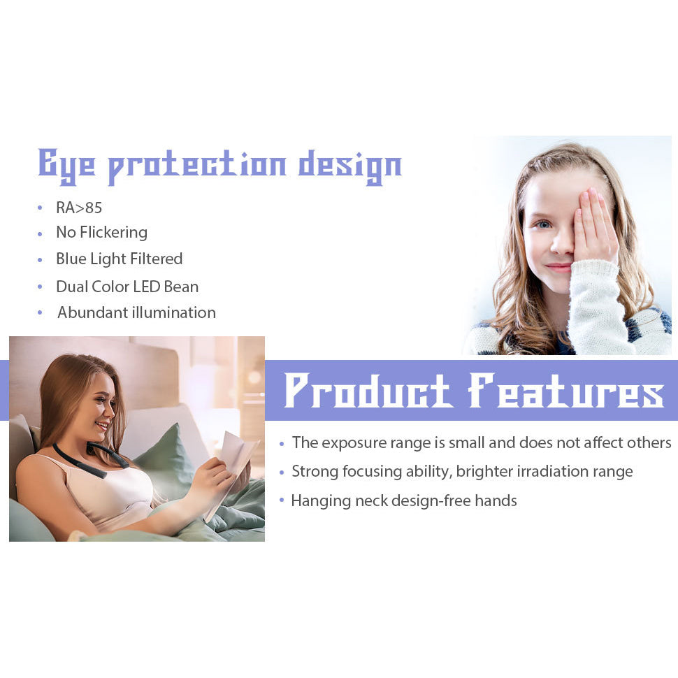 LED Neck Reading Light Rechargeable Book Light for Reading in Bed 3 Colors, 3 Brightness Levels