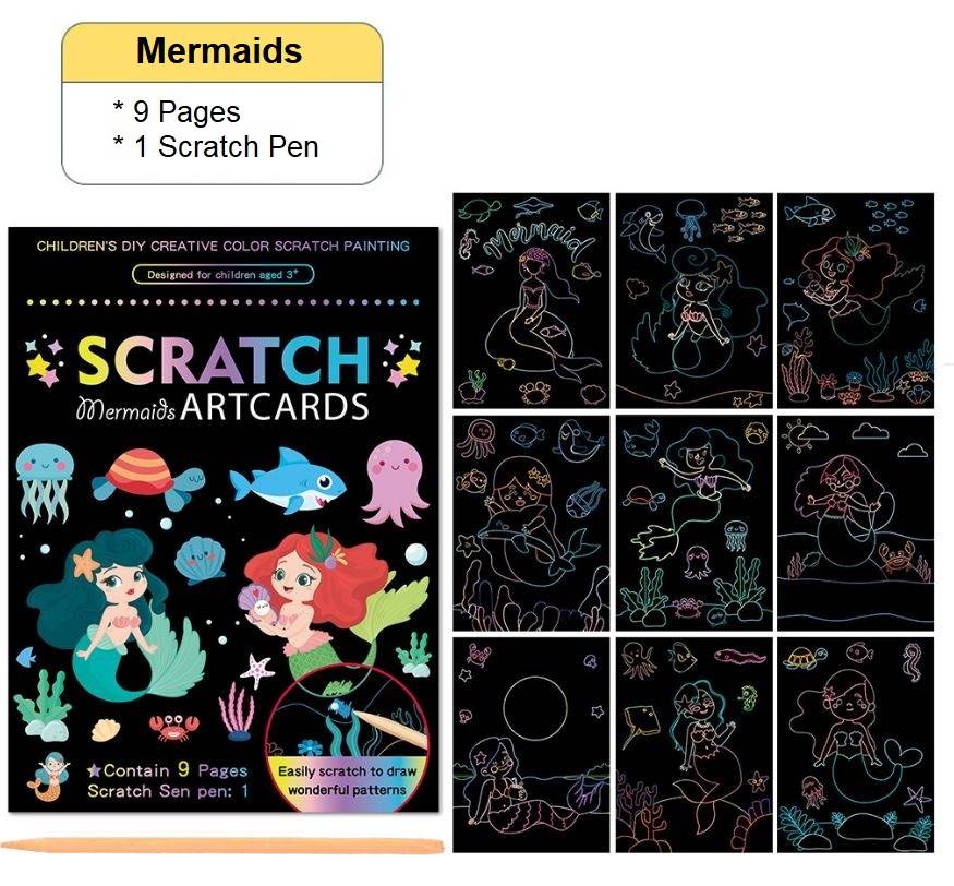 5 pc Scratch Coloring Book - Unicorn, Dinosaur, Animals, Ocean, Mermaids (45 sheets)