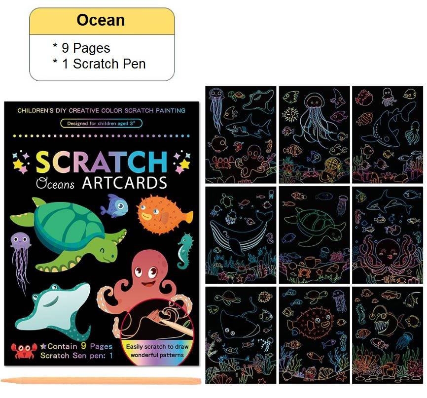 5 pc Scratch Coloring Book - Unicorn, Dinosaur, Animals, Ocean, Mermaids (45 sheets)