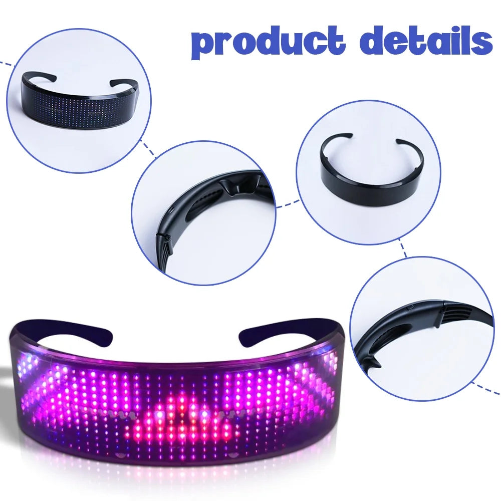 Bluetooth Programmable Full Color LED Glasses – USB Rechargeable Light Up Shining Glasses for Party & Festival