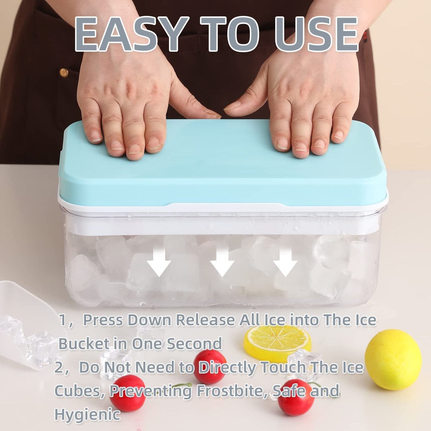 Press to Release Stackable 64Pcs Ice Molds Trays with Ice container Ice Maker Blue