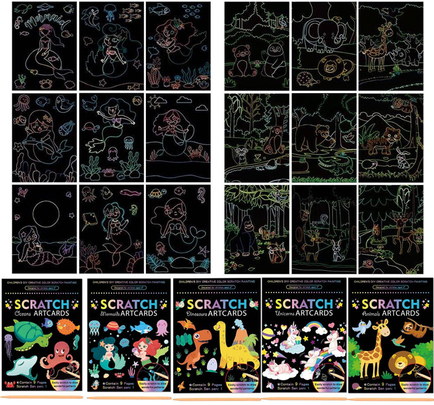 5 pc Scratch Coloring Book - Unicorn, Dinosaur, Animals, Ocean, Mermaids (45 sheets)