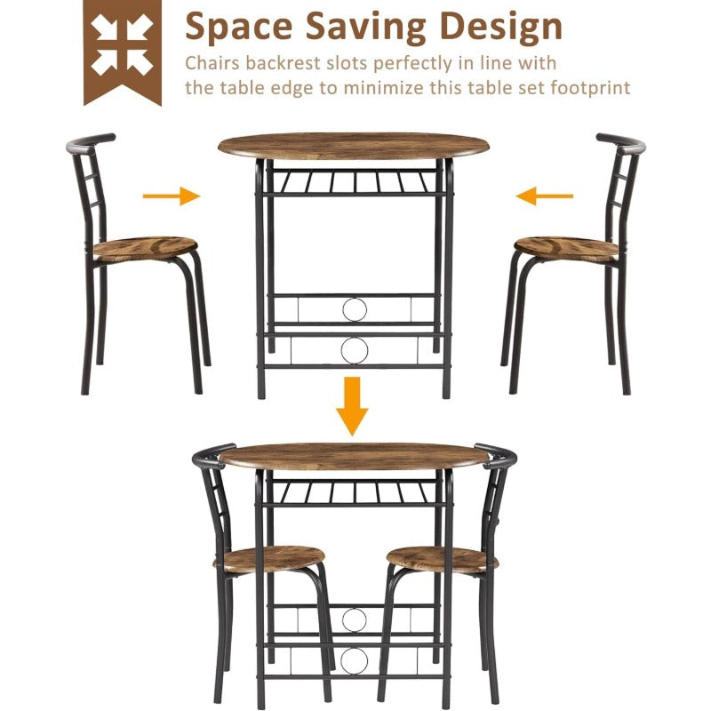 3PCS Dining Set, Dinning Table Chair, Compact Table and 2 Chairs Set Brown