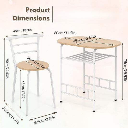3PCS Dining Set, Dinning Table Chair, Compact Table and 2 Chairs Set Nature