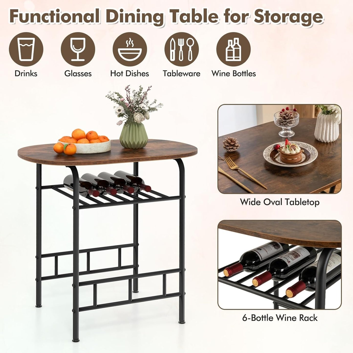 3PCS Dining Set, Dinning Table Chair, Compact Table and 2 Chairs Set Brown