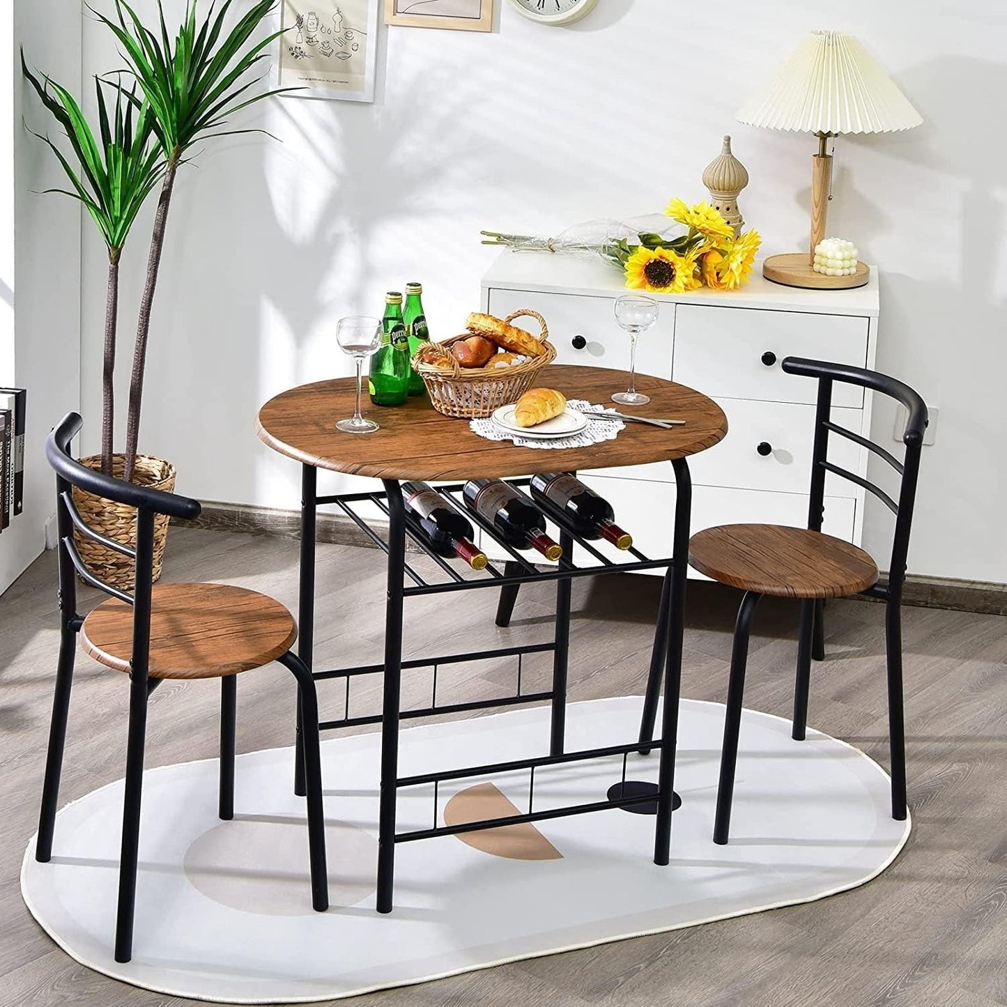 3PCS Dining Set, Dinning Table Chair, Compact Table and 2 Chairs Set Brown