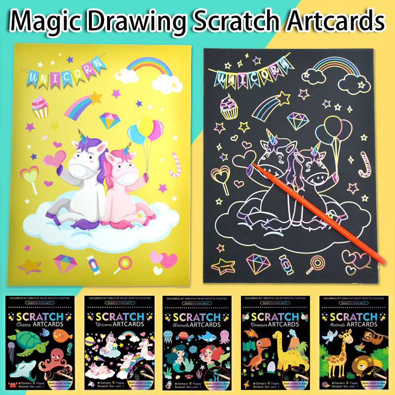 5 pc Scratch Coloring Book - Unicorn, Dinosaur, Animals, Ocean, Mermaids (45 sheets)