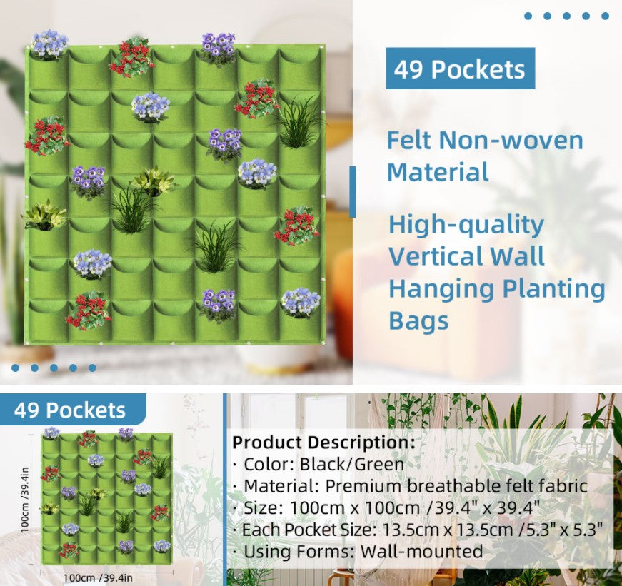 49 Pockets Hanging Planter Bags Vertical Wall Mounted Plant Planting Grow Bags