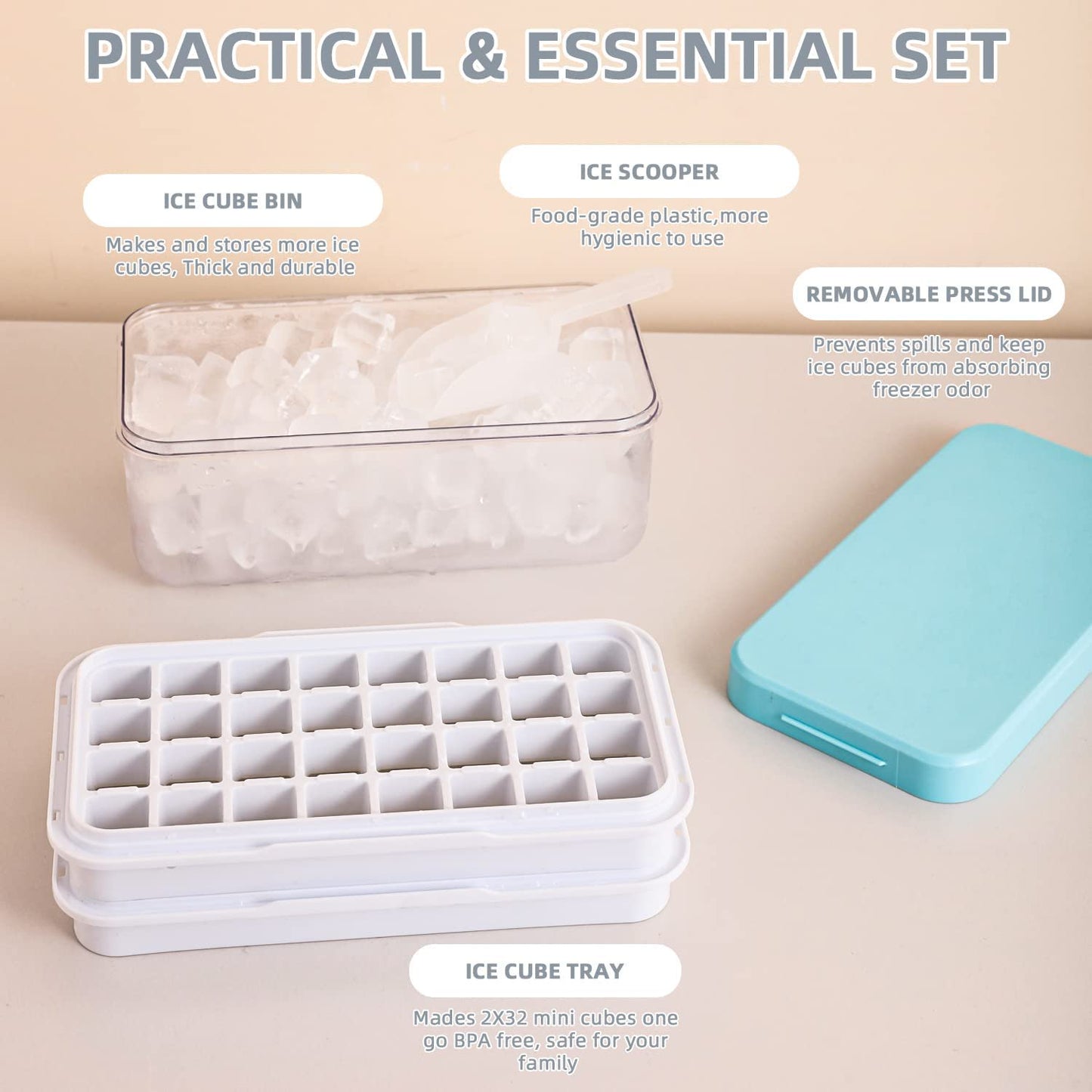 Press to Release Stackable 64Pcs Ice Molds Trays with Ice container Ice Maker Blue