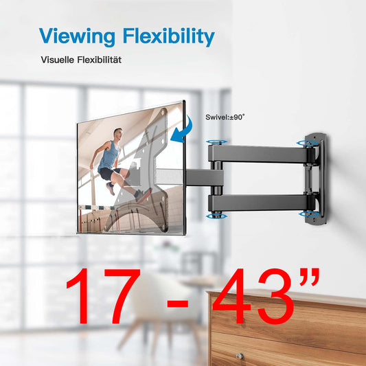 TV Wall Bracket for 17-43 inch TVs, Swivels Tilts TV Wall Mount for Flat & Curved TV，VESA 75x75mm to 200x200mm up to 20kg