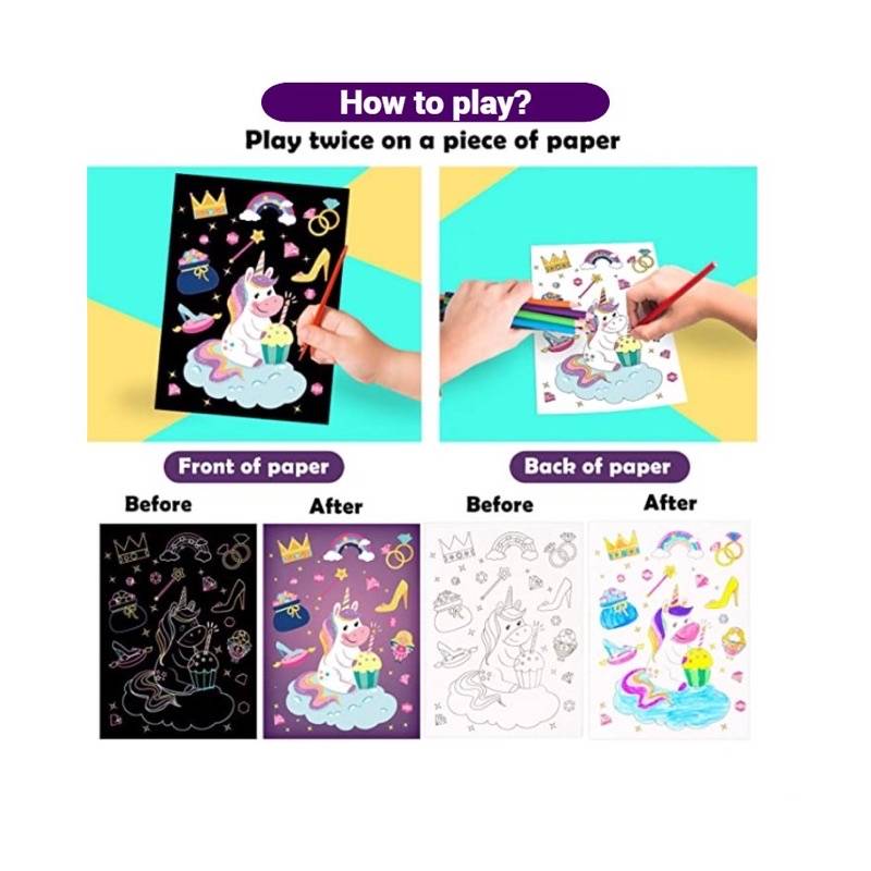 5 pc Scratch Coloring Book - Unicorn, Dinosaur, Animals, Ocean, Mermaids (45 sheets)