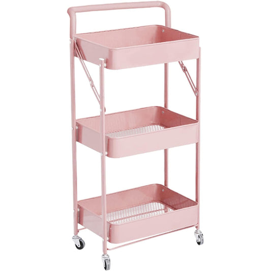 Kitchen Bathroom Storage Trolley Cart Foldable Pink