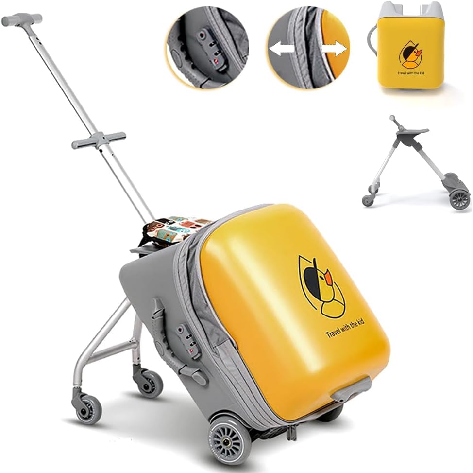 2 in 1 Rolling Luggage Case for Kids, Expandable Carry-on Suitcase with Baby Stroller for 3-10 Years Toddler Infant Yellow