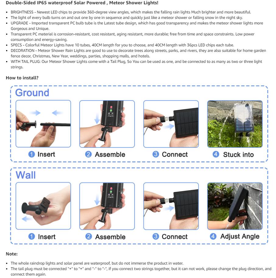 288 LED 8 Tubes Solar Meteor Shower Christmas Lights Outdoor - Yellow