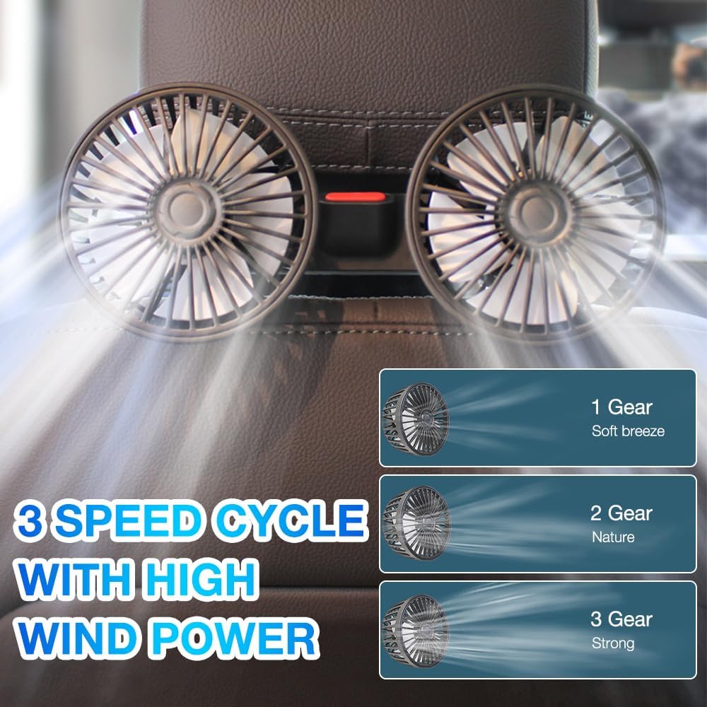 Dual-Head Car Fan – Quiet Cooling with 3 Speeds, 360° Rotation & 180cm USB Cable