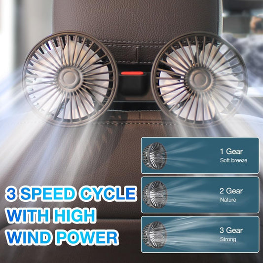 Dual-Head Car Fan Quiet Cooling with 3 Speeds 360 Rotation
