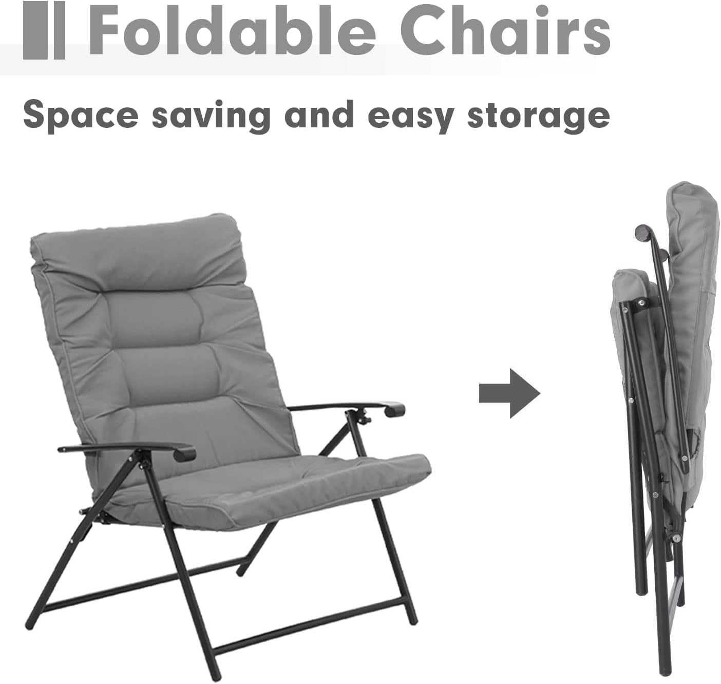 3 Piece Folding Chair Set Outdoor Furniture Adjustable Reclining Bistro Set with Classic Grey Cushions