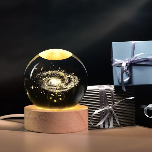 3D Nebula Crystal Ball Night Light Dimmable Warm White Night Lights Wooden Base