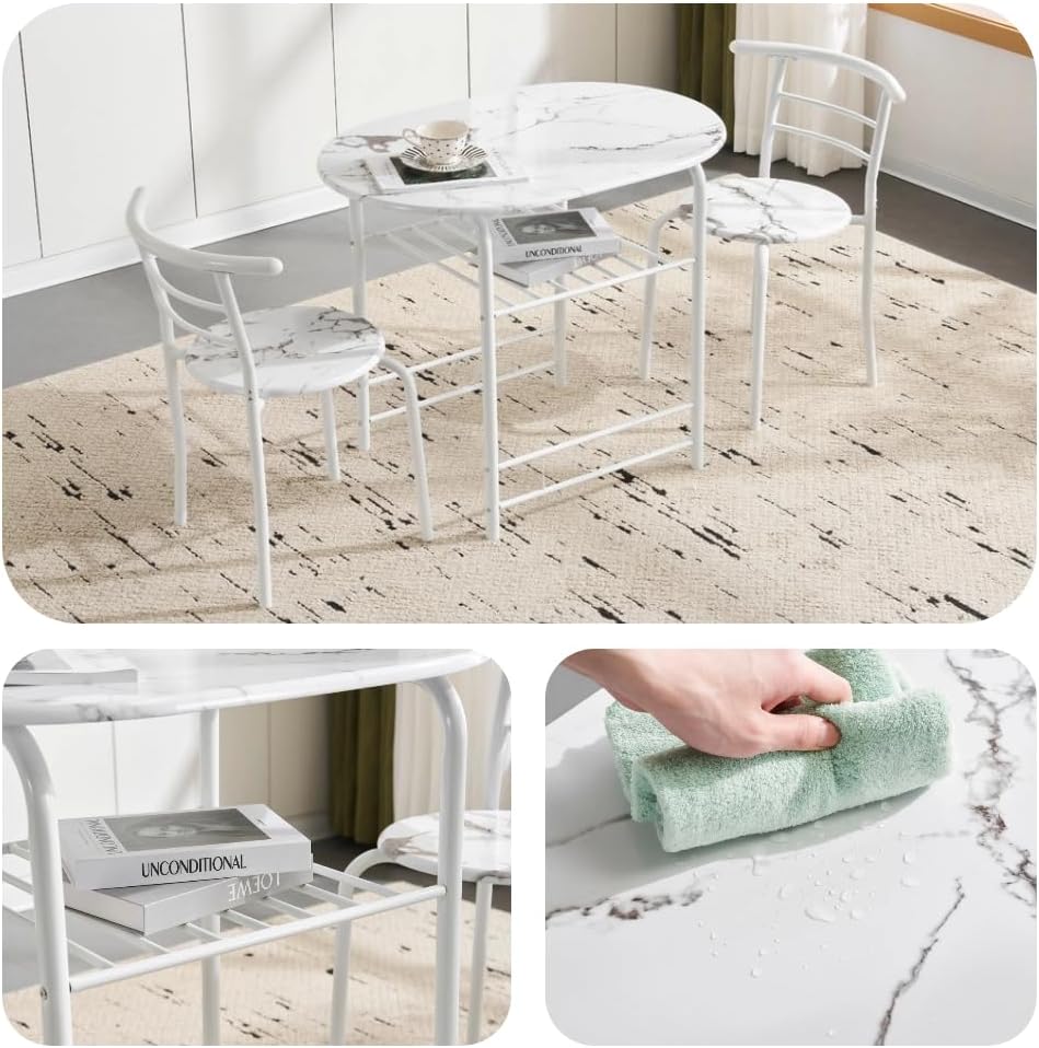 3PCS Dining Set, Dinning Table Chair, Compact Table and 2 Chairs Set White Marble