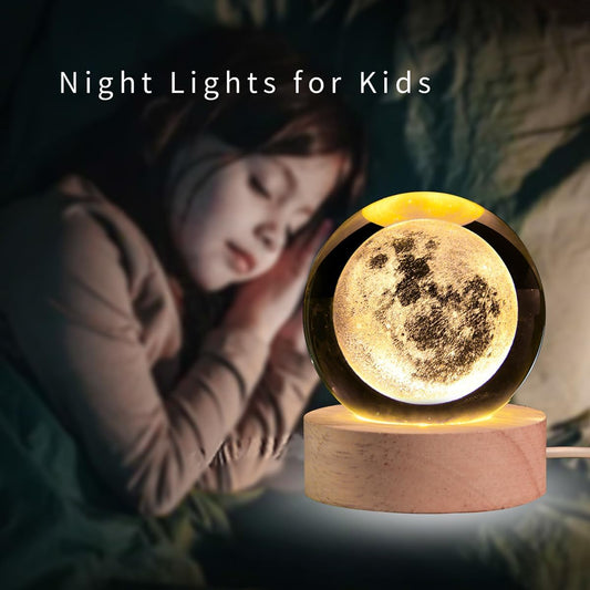 3D Saturn Crystal Ball Night Light – Dimmable Warm White LED Lamp with Wooden Base | Space Decor & Gift Idea