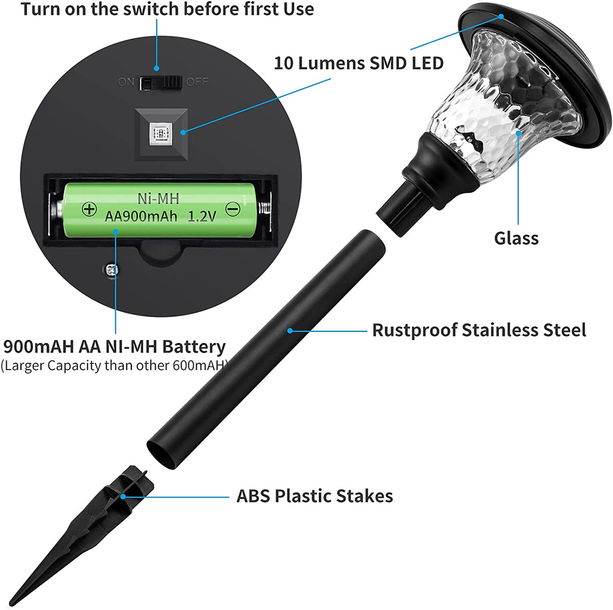 SOLAR PATH LIGHT GLASS STEEL Light BLACK 4 Pack