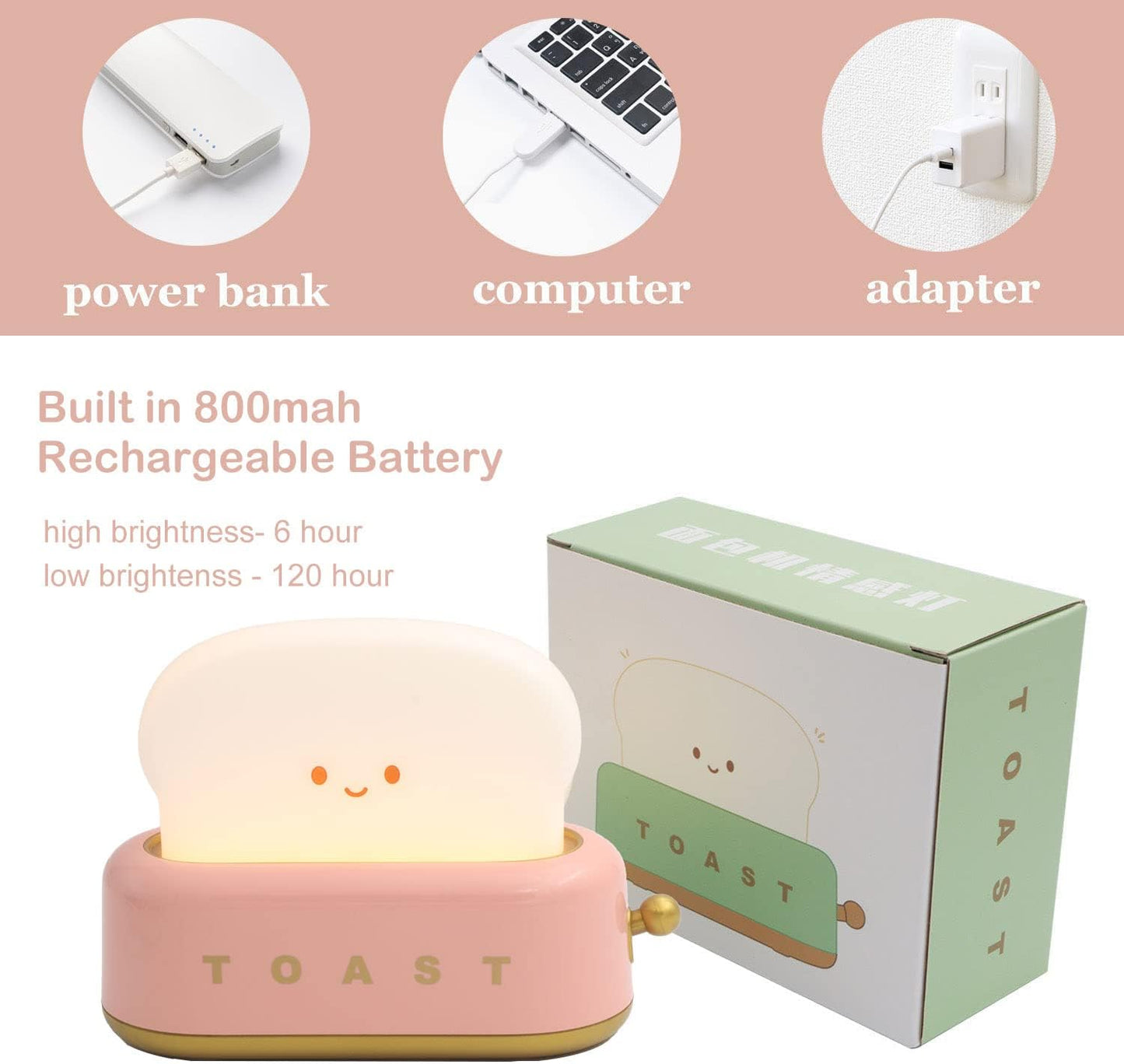 Night Light Toast Bread LED Night Lamp USB Charging Light Bedroom Bedside Sleep Light