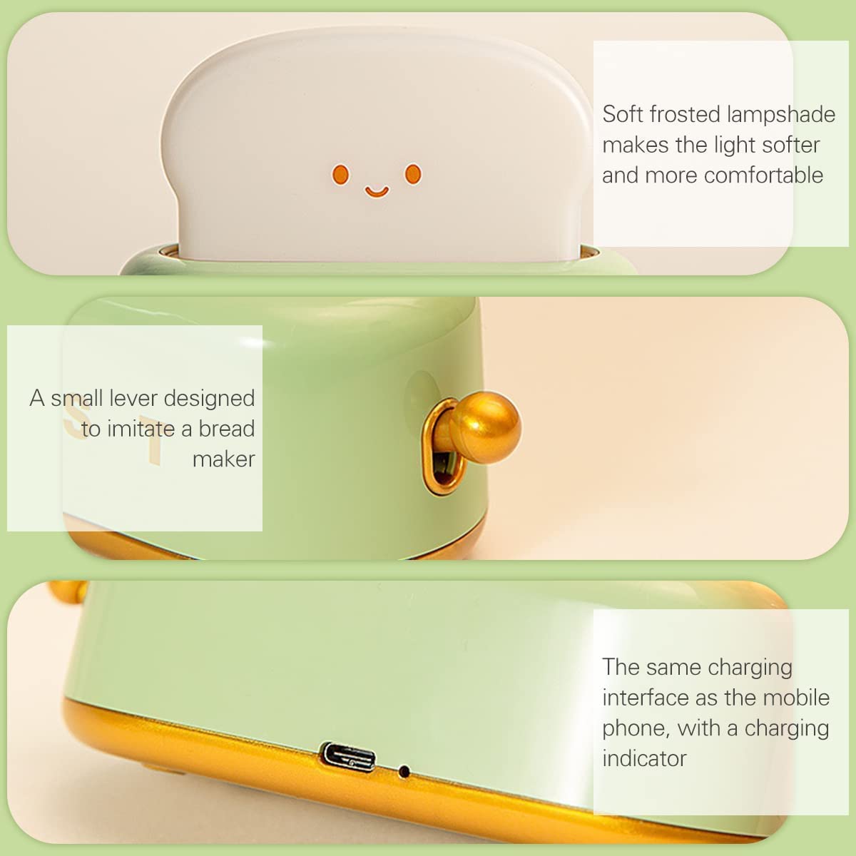 Night Light Toast Bread LED Night Lamp USB Charging Light Bedroom Bedside Sleep Light