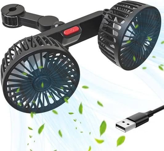 Dual-Head Car Fan – Quiet Cooling with 3 Speeds, 360° Rotation & 180cm USB Cable