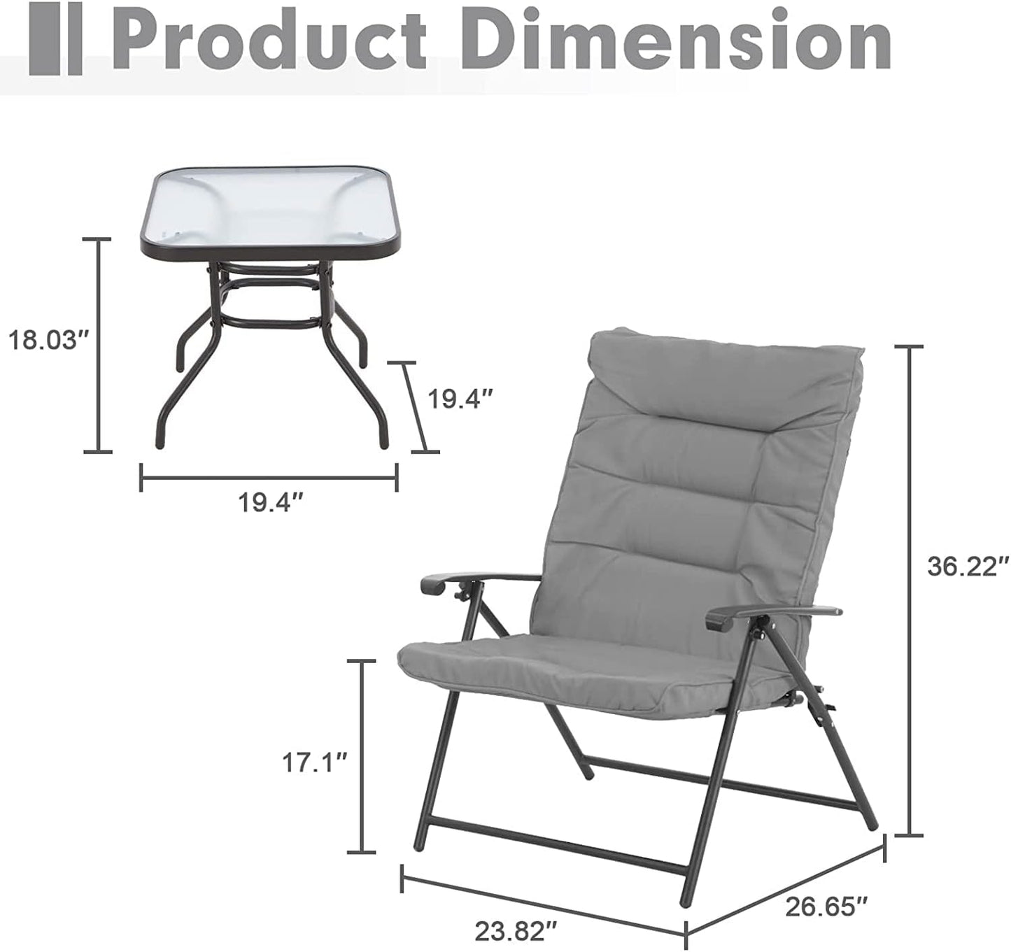 3 Piece Folding Chair Set Outdoor Furniture Adjustable Reclining Bistro Set with Classic Grey Cushions