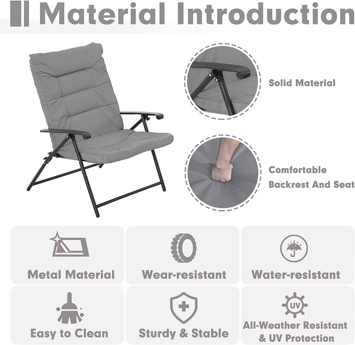 3 Piece Folding Chair Set Outdoor Furniture Adjustable Reclining Bistro Set with Classic Grey Cushions