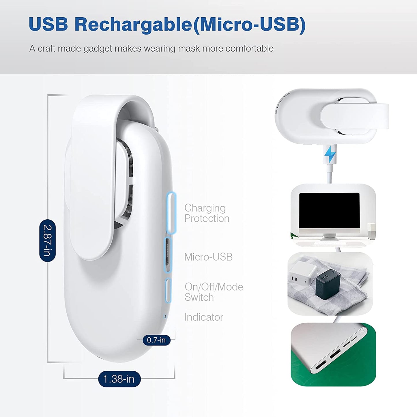 Electric Wearable Face Cooling Fan Clip on Face Mask Fan White