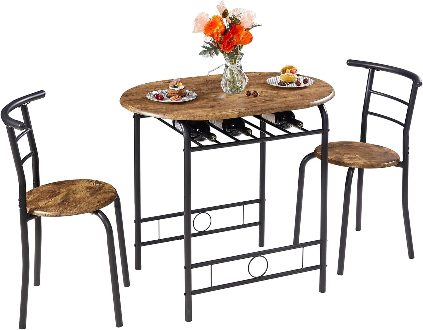 3PCS Dining Set, Dinning Table Chair, Compact Table and 2 Chairs Set Brown