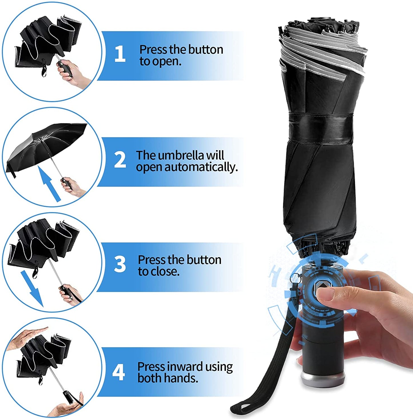 Auto Open Close UV Protection Umbrella Reverse Folding Umbrella Black