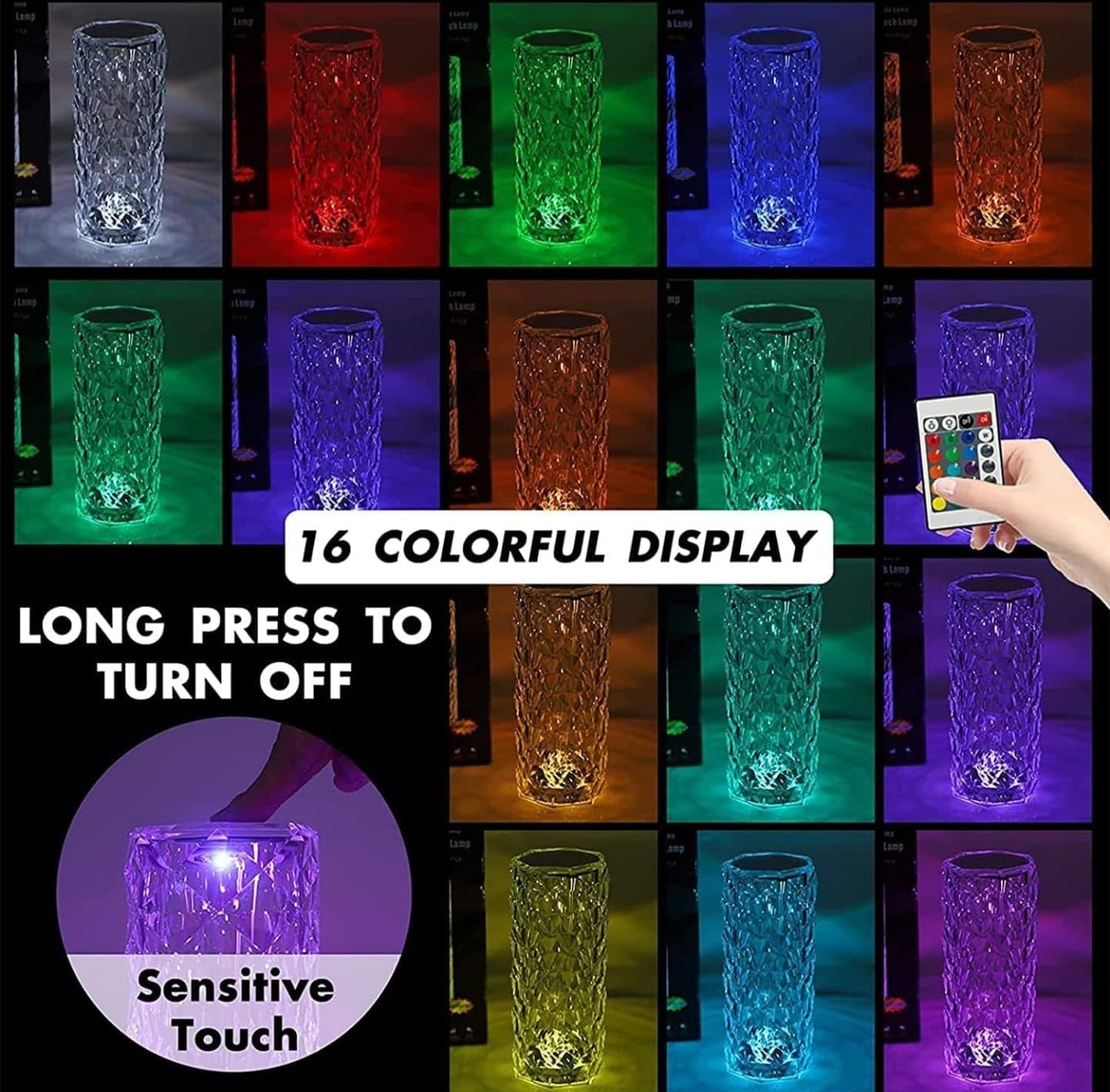 Crystal Lamp,16 Color Changing Rose Crystal Diamond Table Lamp,USB Rechargeable Touch Bedside Lamp Night Light with Remote Control