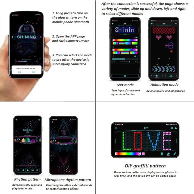 Bluetooth Programmable Full Color LED Glasses – USB Rechargeable Light Up Shining Glasses for Party & Festival