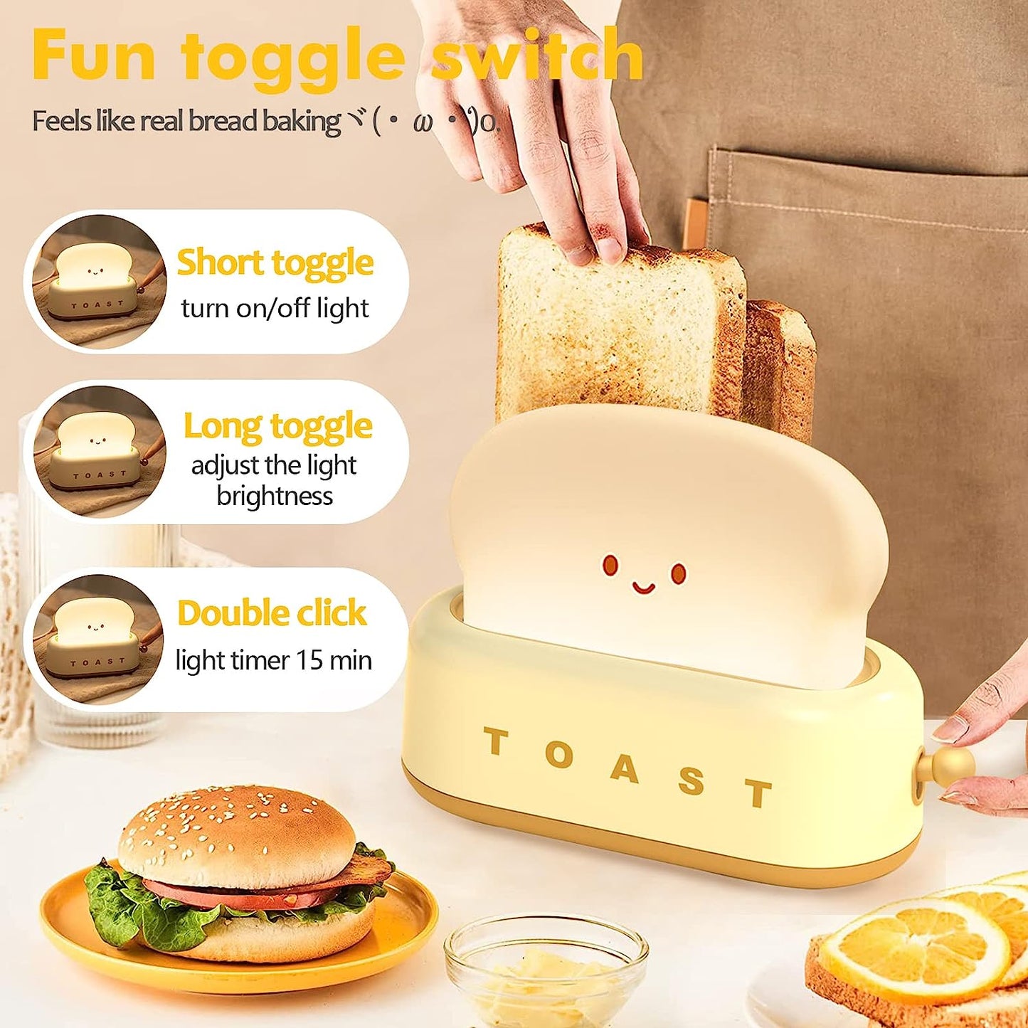 Night Light Toast Bread LED Night Lamp USB Charging Light Bedroom Bedside Sleep Light