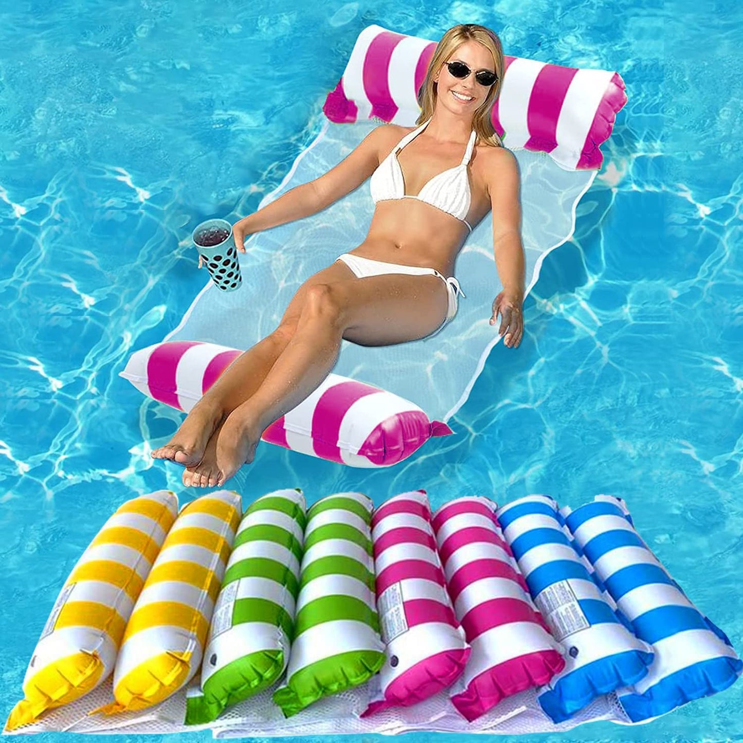 Inflatable Pool Water Float Hammock Lounger Pool Hammock Float - Pink & White