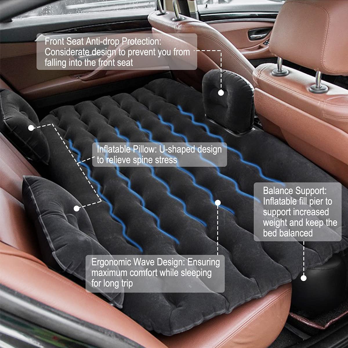 Portable Travel Inflatable Car SUV RV Truck Minivan Back Seat Air Mattress Bed with Pump Beige