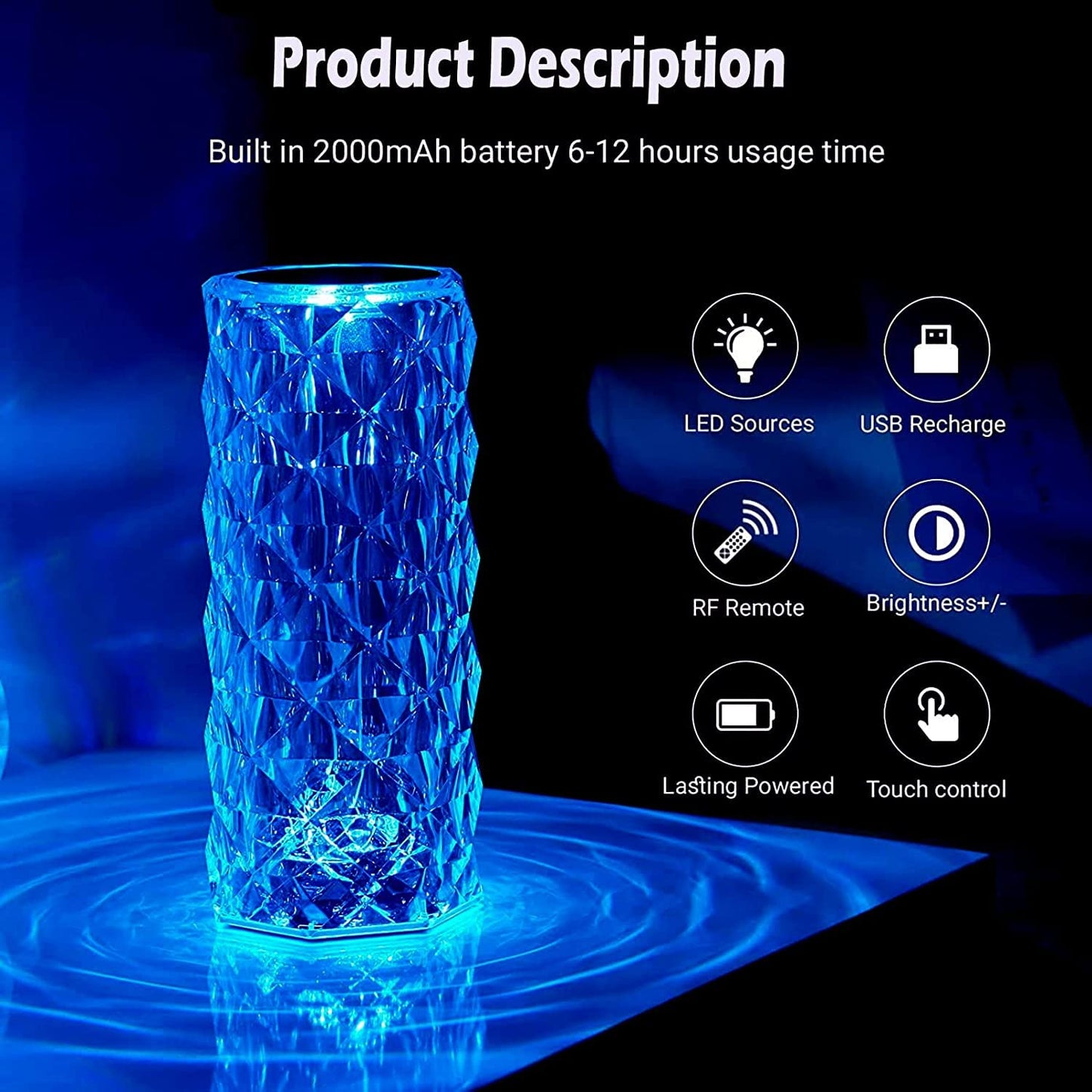 Crystal Lamp,16 Color Changing Rose Crystal Diamond Table Lamp,USB Rechargeable Touch Bedside Lamp Night Light with Remote Control