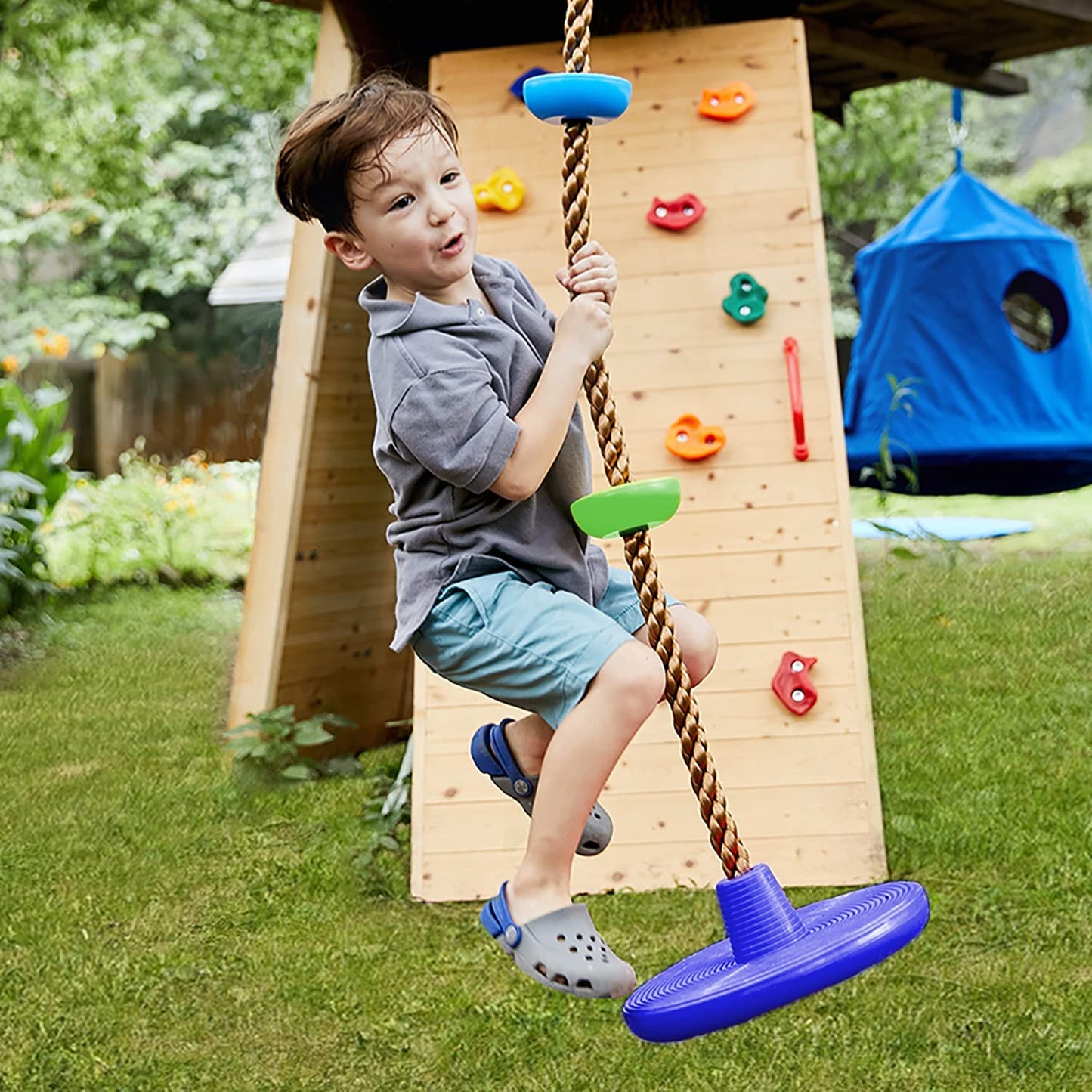 Climbing Rope Tree Swing with Platforms and Disc Swings Seat Playground Swingset Blue