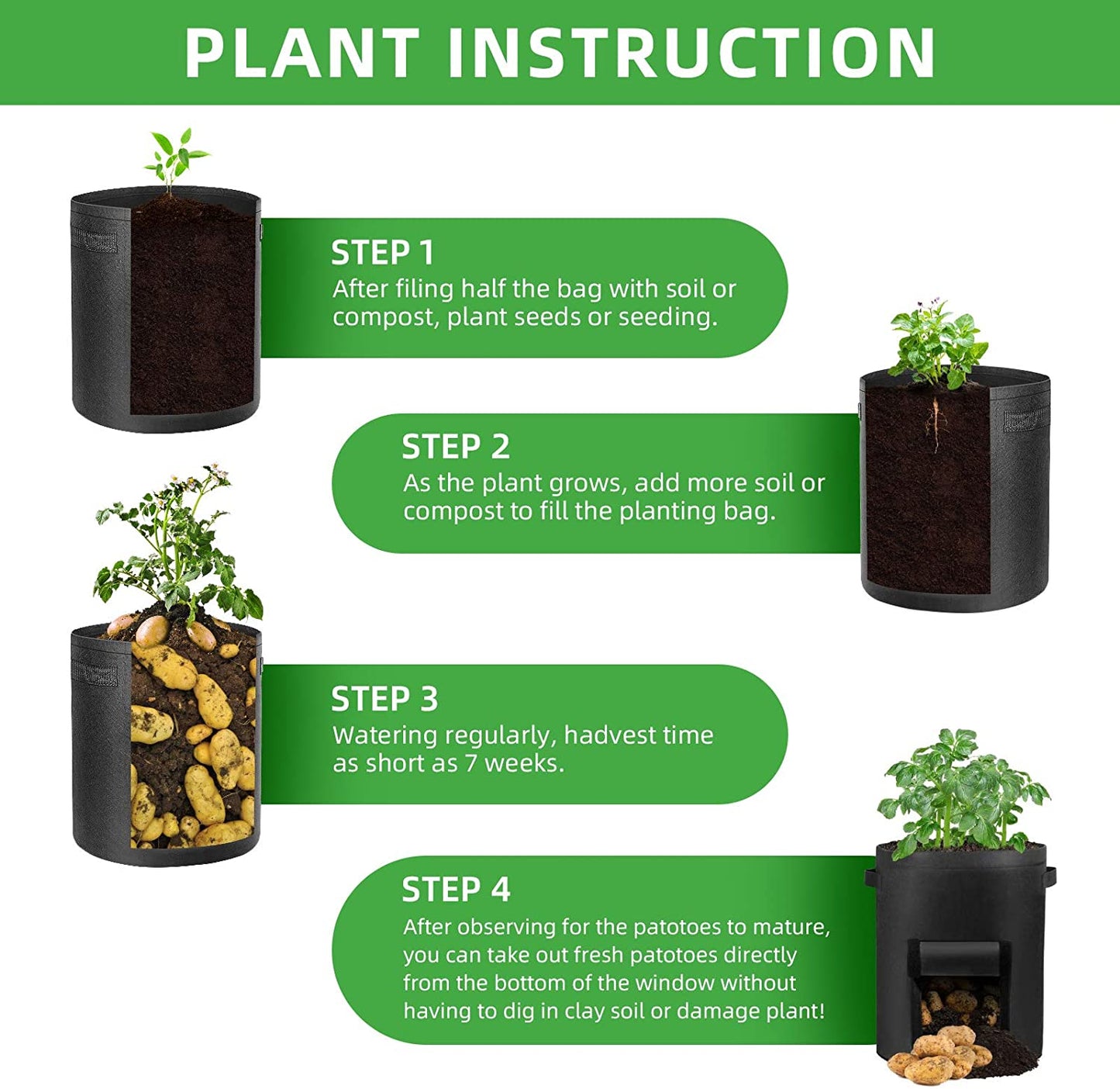 Plant Grow Bag with Window 25L 4PCs Black