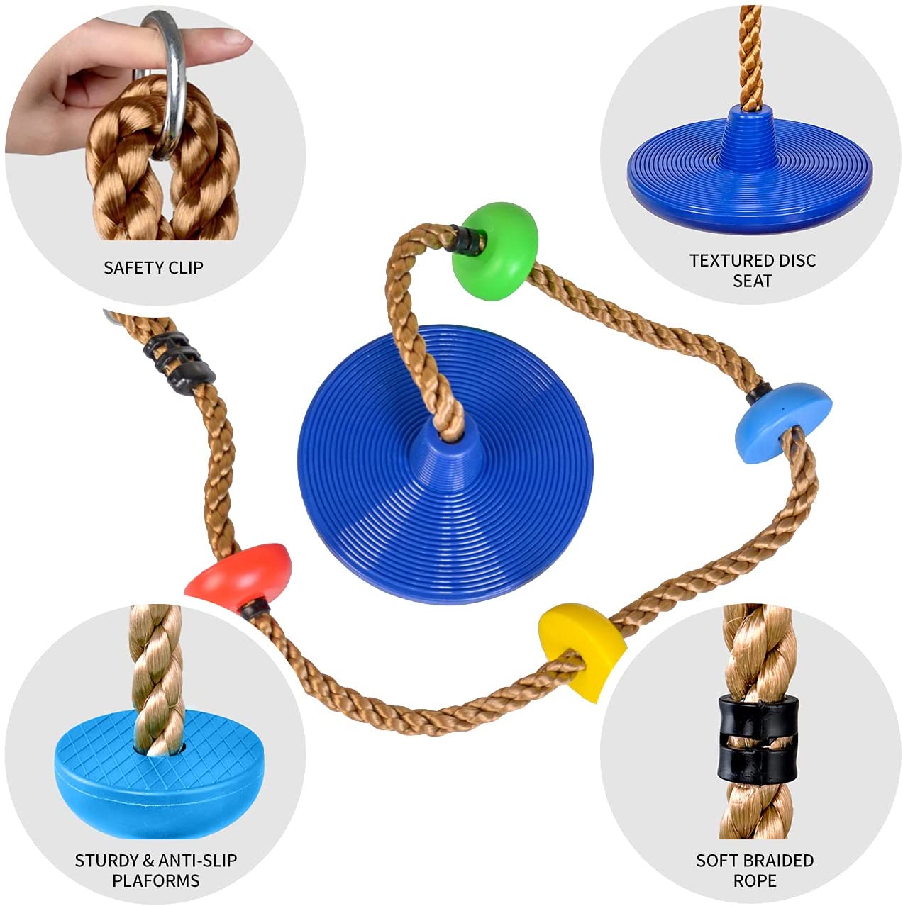 Climbing Rope Tree Swing with Platforms and Disc Swings Seat Playground Swingset Blue