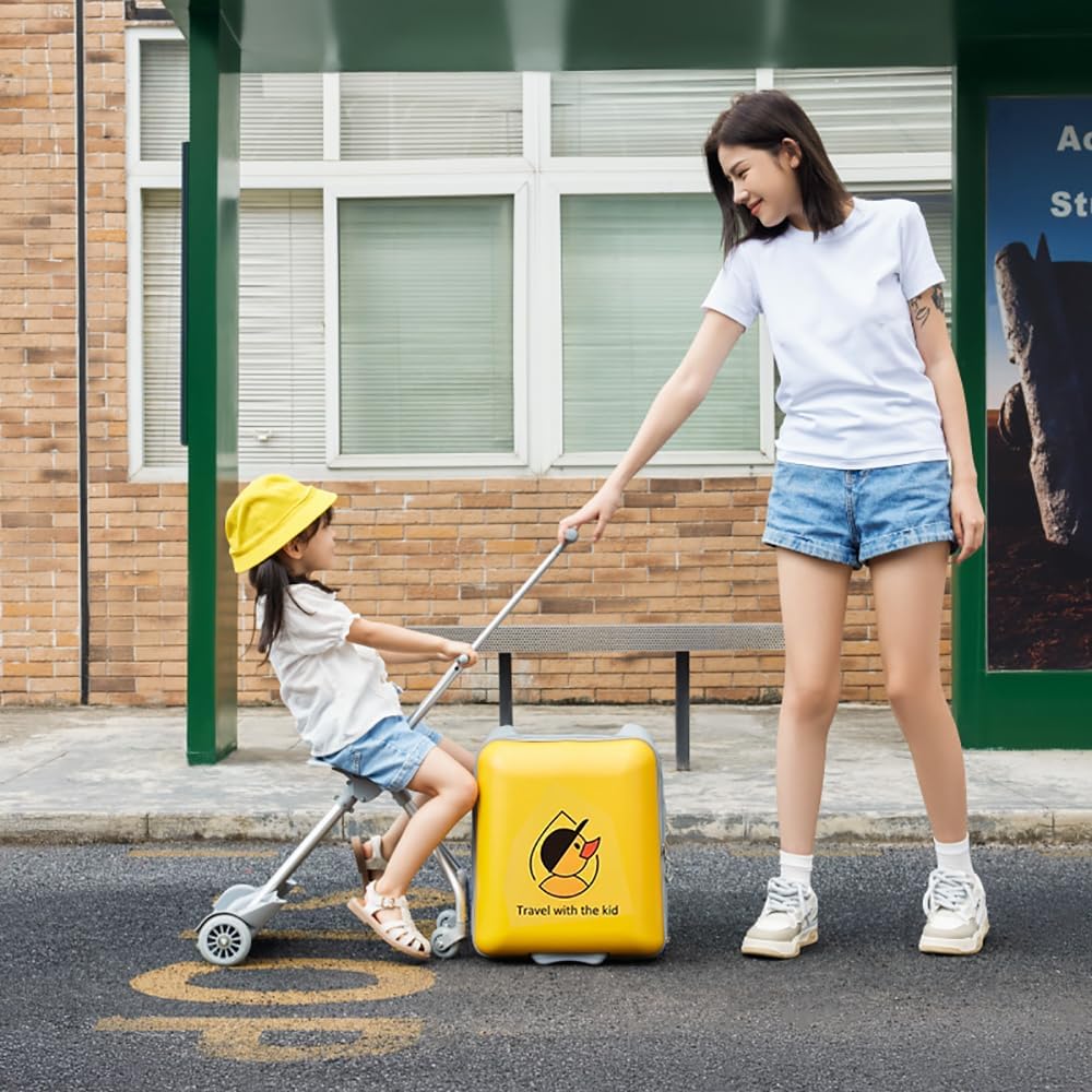 2 in 1 Rolling Luggage Case for Kids, Expandable Carry-on Suitcase with Baby Stroller for 3-10 Years Toddler Infant Yellow