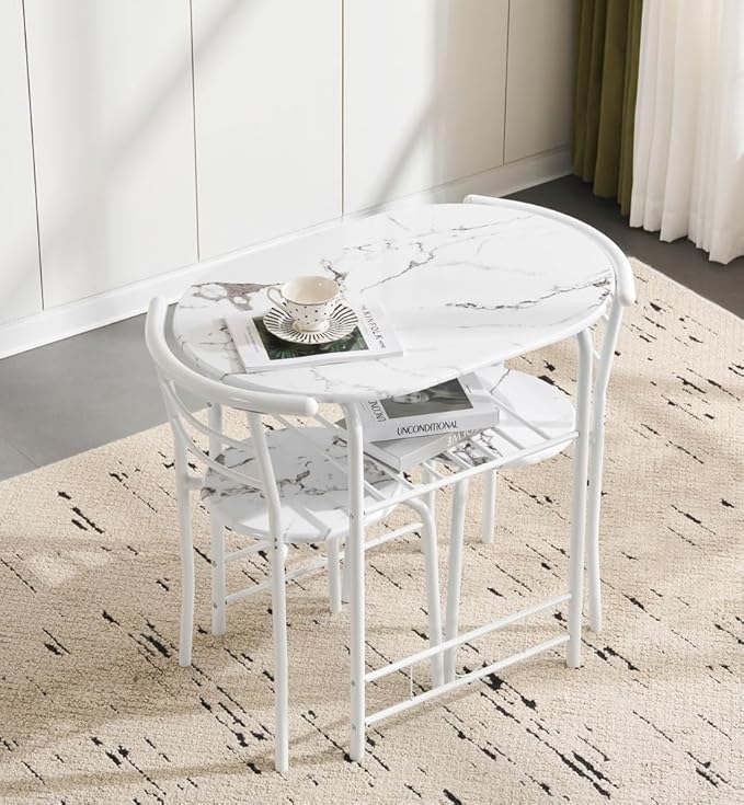 3PCS Dining Set, Dinning Table Chair, Compact Table and 2 Chairs Set White Marble