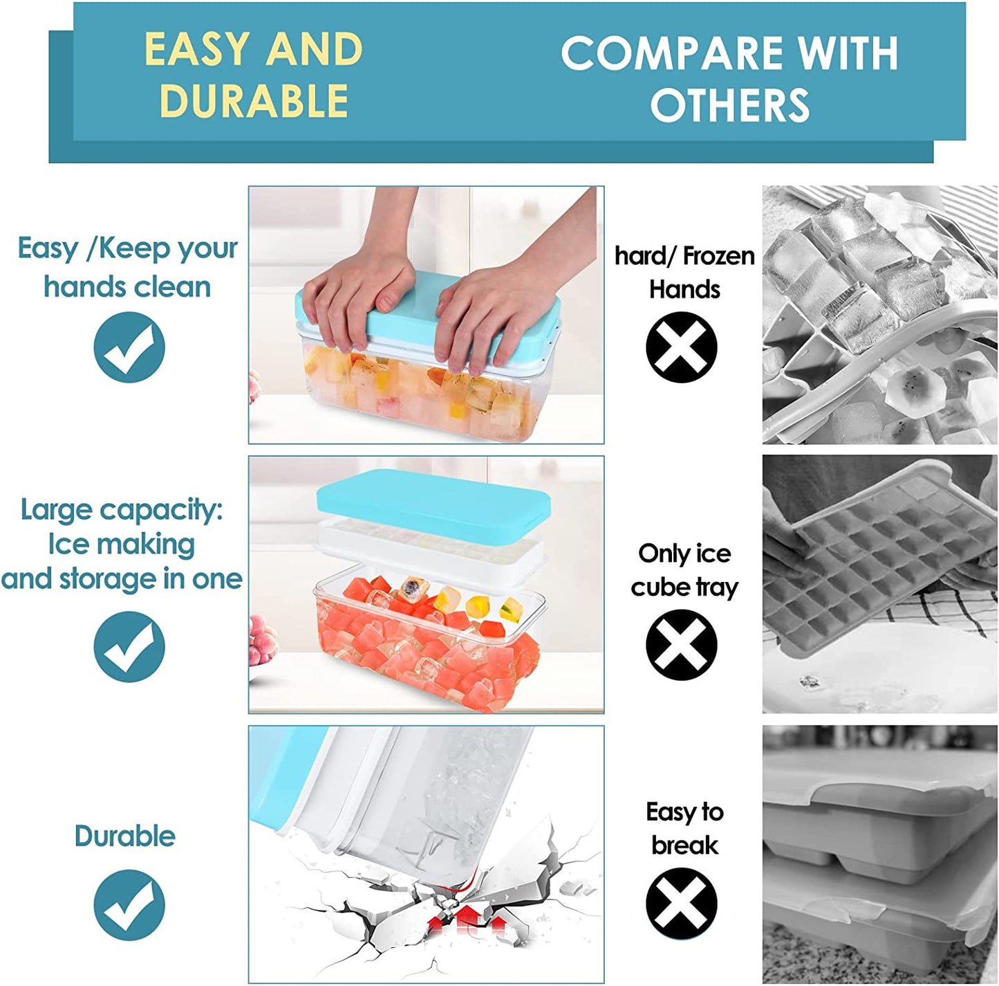 Press to Release Stackable 64Pcs Ice Molds Trays with Ice container Ice Maker Blue