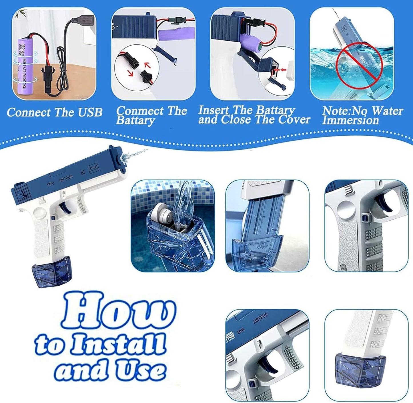 Electric Water Gun - Rechargeable Automatic Spray Gun for Kids and Adults (Blue)